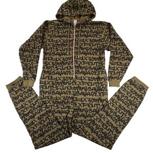 Savage X Fenty Rihanna Unisex Hooded Onesie Jumpsuit Olive Green Logo Graffiti M